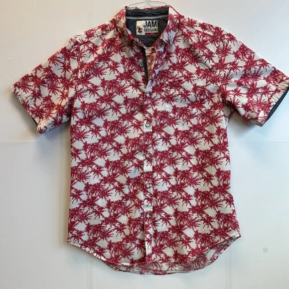 Vintage Jam Session Palm Tree Button Shirt Red White Y2K Surf Casual M - Picture 2 of 9
